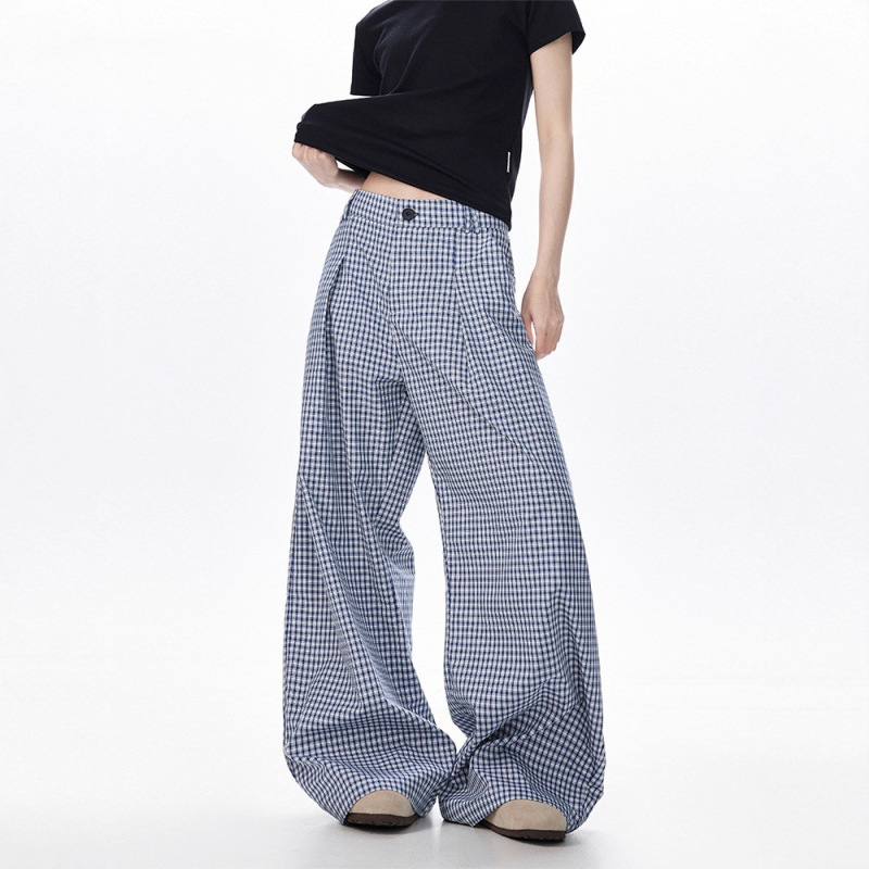American-Style Relaxed Pleated Blue Plaid Casual Pants for Men and Women, Autumn Loose Wide-Leg Pants, Versatile Casual Floor-Length Pants American-Style Relaxed Pleated Blue Plaid Casual Pants for Men and Women, Autumn Loose Wide-Leg Pants, Versatile Casual Floor-Length Pants