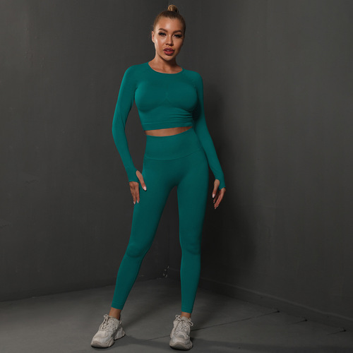 New solid color knitted peach butt tight butt-revealing yoga pants set seamless fitness sports running yoga clothes for women