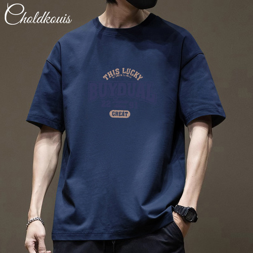 Men's Short Sleeve Hong Kong Style Heavyweight Trendy Casual Summer T-shirt, Unisex Loose American Retro Streetwear Half-Sleeve T-shirt