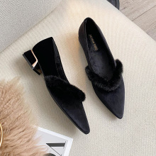 666-30冬2024新款法式尖头加绒保暖单鞋粗跟中跟百搭保暖女鞋大码