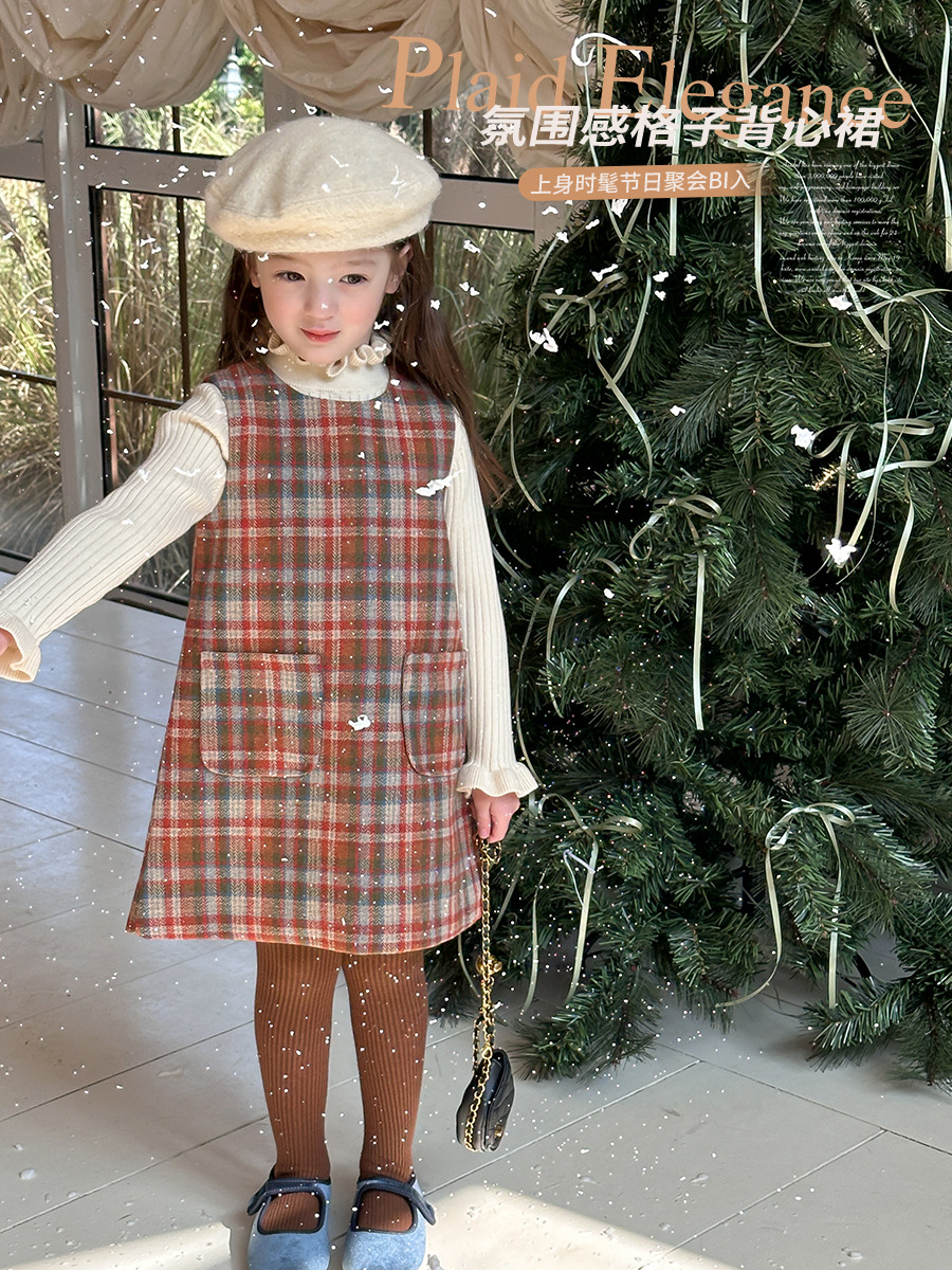 [new year] aimo baby children‘s plaid woolen vest dress girls‘ korean-style thick woolen princess dress