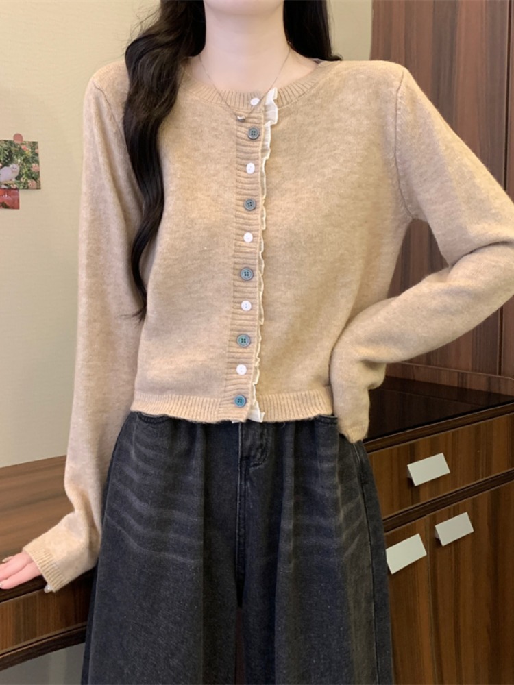 Cárdigan de punto con diseño de costura de encaje coreano 2025 primavera y otoño nuevo estilo suave y ceroso pequeño suéter abrigo mujer image 9