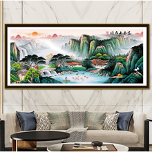 山水画十字绣富春山居图江山如画客厅装饰风景画手工印花刺绣新款