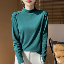 2025秋冬季新款奥绒肩拼半高领长袖打底衫时尚拼接纯色百搭女上衣