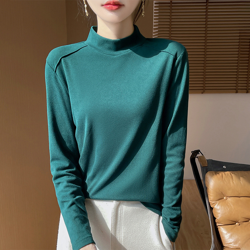 2025秋冬季新款奥绒肩拼半高领长袖打底衫时尚拼接纯色百搭女上衣