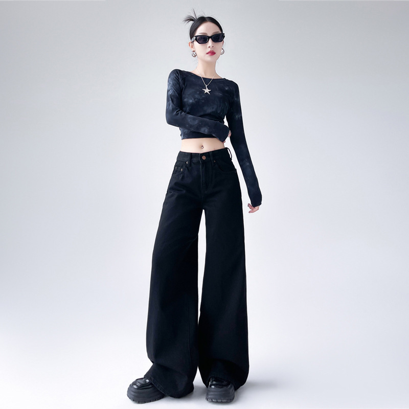 Black Wide-Leg Jeans for Women 2026 New Style Spring and Autumn American Style Loose High-Waisted Drapey Lazy Straight-Leg Pants Wholesale