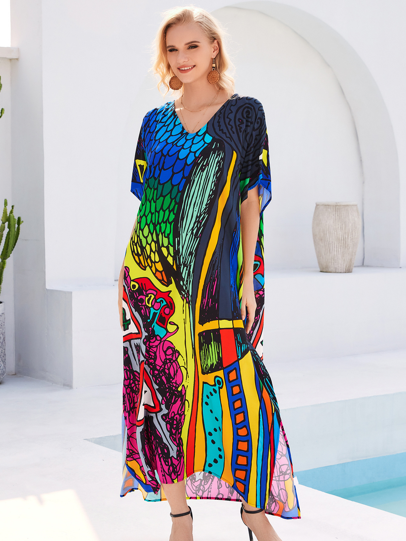 Bata de Playa y Salida de Baño 45-1 de Algodón con Impresión Floral para Playa y Piscina