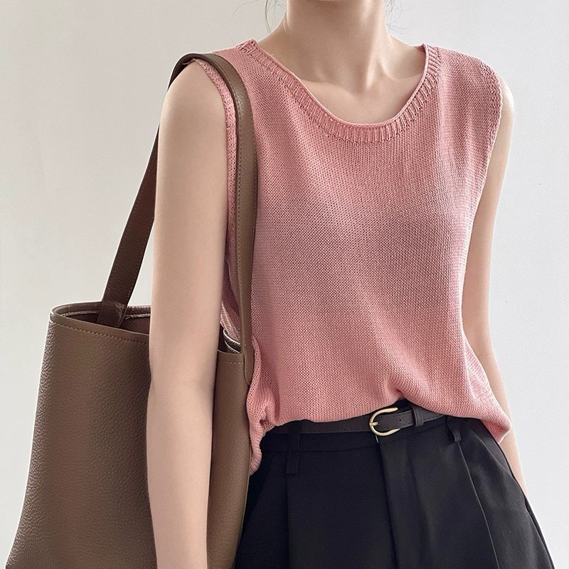 Summer Simple Elegant Casual Round Neck Sleeveless Vest Women's Korean Style Foreign Trade Loose Gentle Style Hollow Knitted Vest