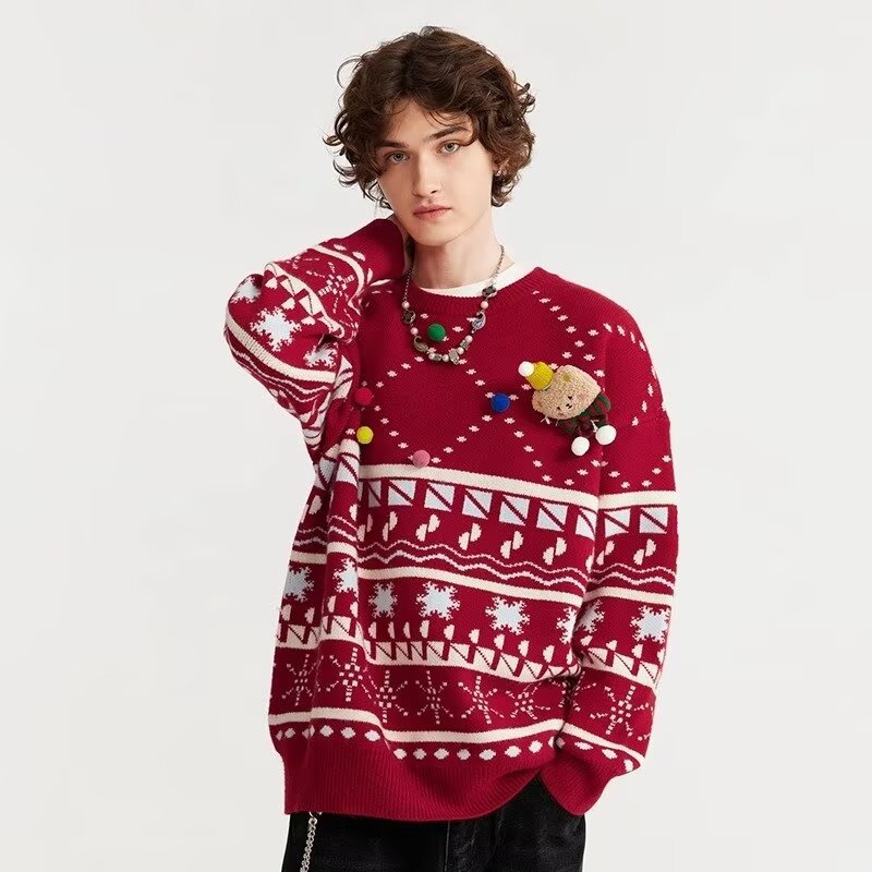 Men's Clothing Spring and Autumn New Products Bear Doll Pullover Red Sweater Retro Round Neck Knitted Sweater Loose Sweater Men_voghion.com