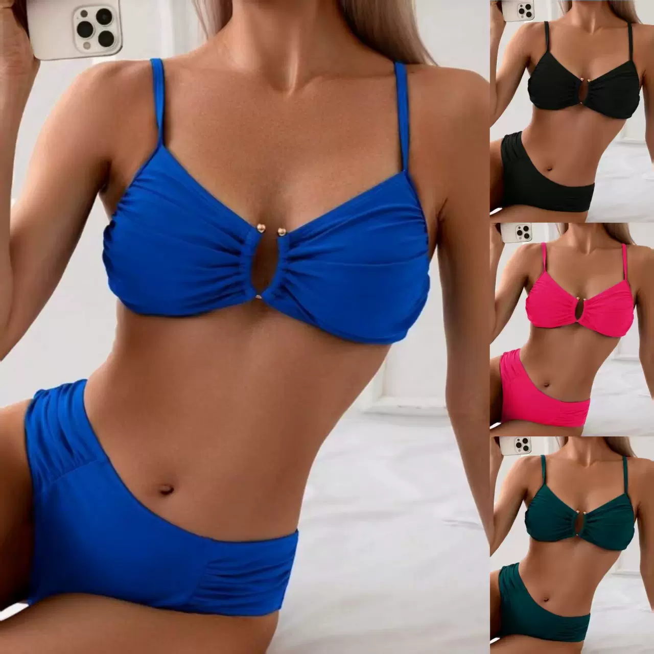 欧美比基尼泳衣女跨境外贸性感辣妹高腰纯色泳装分体泳衣