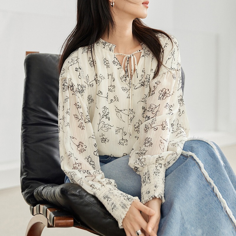French Elegant Ear-rimmed Loose Chiffon Shirt Women's 2025 Spring New High-end Printed Thin Top