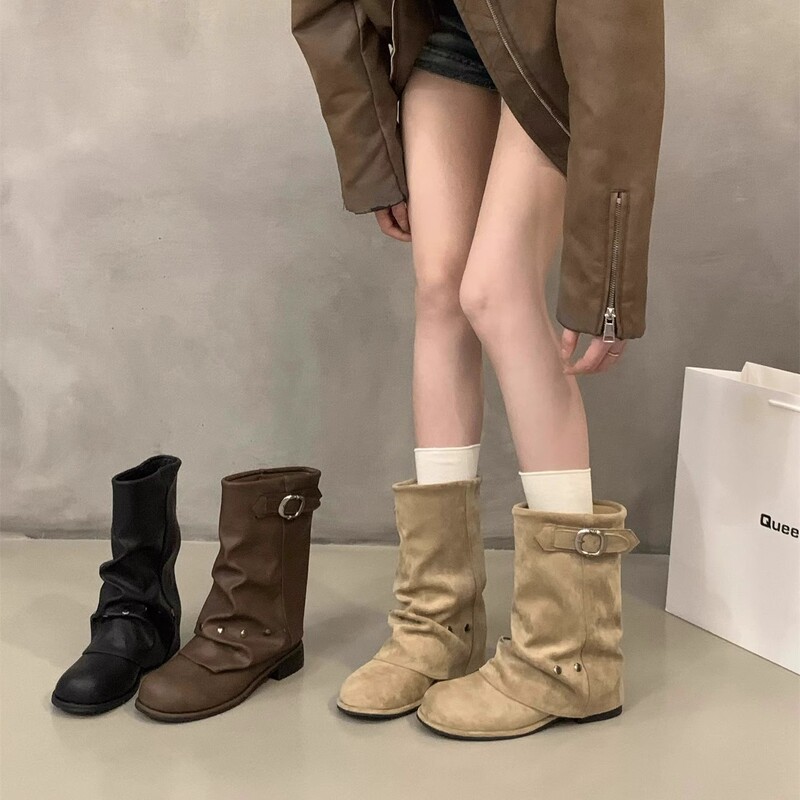 粗跟黑色马丁靴女靴子2025新款春秋季机车中筒靴裤管靴配裙子短靴|undefined
