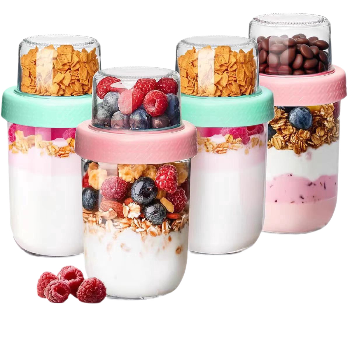 Taza de yogur de vidrio transfronteriza taza de desayuno portátil separación seca y húmeda sellado taza de avena taza de noche con cubierta ensalada laminada