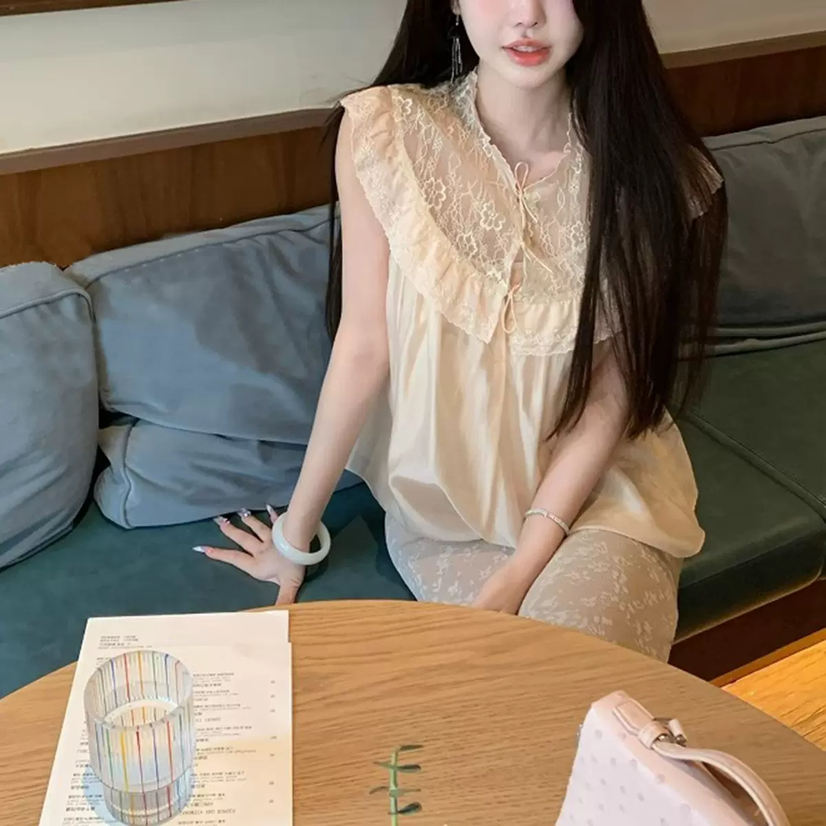 蕾丝披肩宽松吊带背心上衣 蕾丝拼接减龄上衣荷叶领衬衣法式衬衫