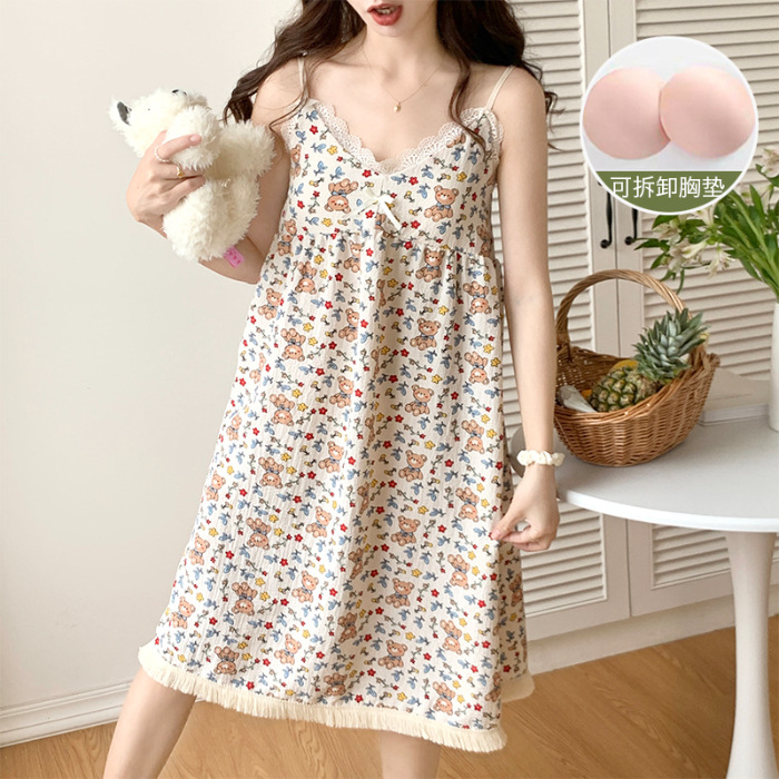 Verano desmontable Camisón con almohadilla en el pecho de las mujeres dulce lindo Sling tejido burbuja algodón vestir prendas exteriores homewear