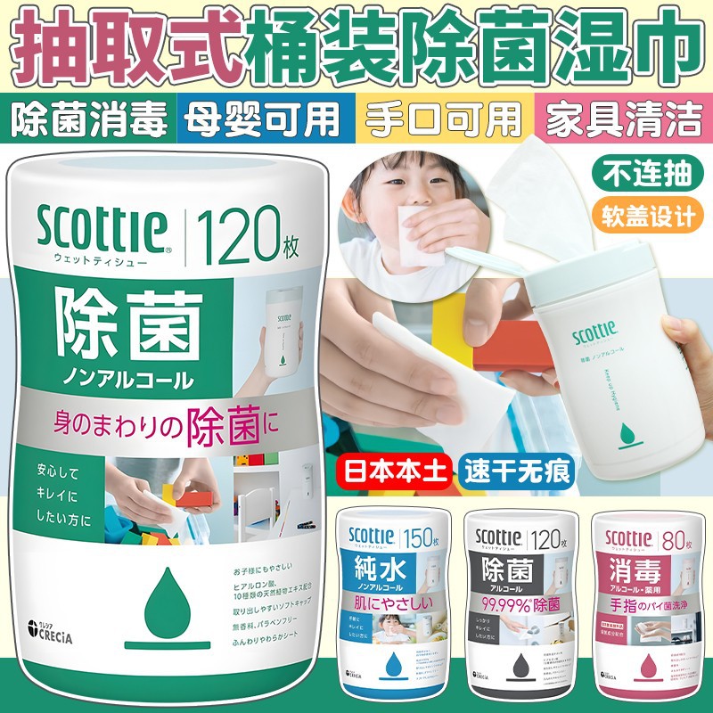 Japanese Scottie Wet Wipes for Babies and Children, for Hand, Mouth, and Table Cleaning and Disinfection, Alcohol-Based, Pull-Out Type