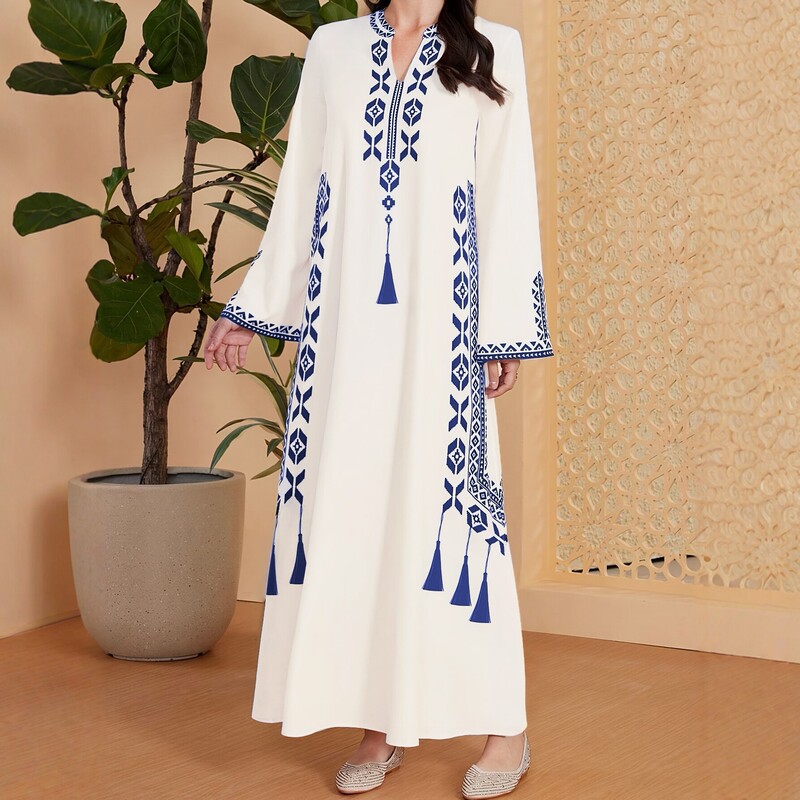 Cross-border foreign trade women's plus-size dress, stand-up collar, V-neck, turn-down collar, loose-fitting, simple style women's long dress Cross-border foreign trade women's plus-size dress, stand-up collar, V-neck, turn-down collar, loose-fitting, simple style women's long dress