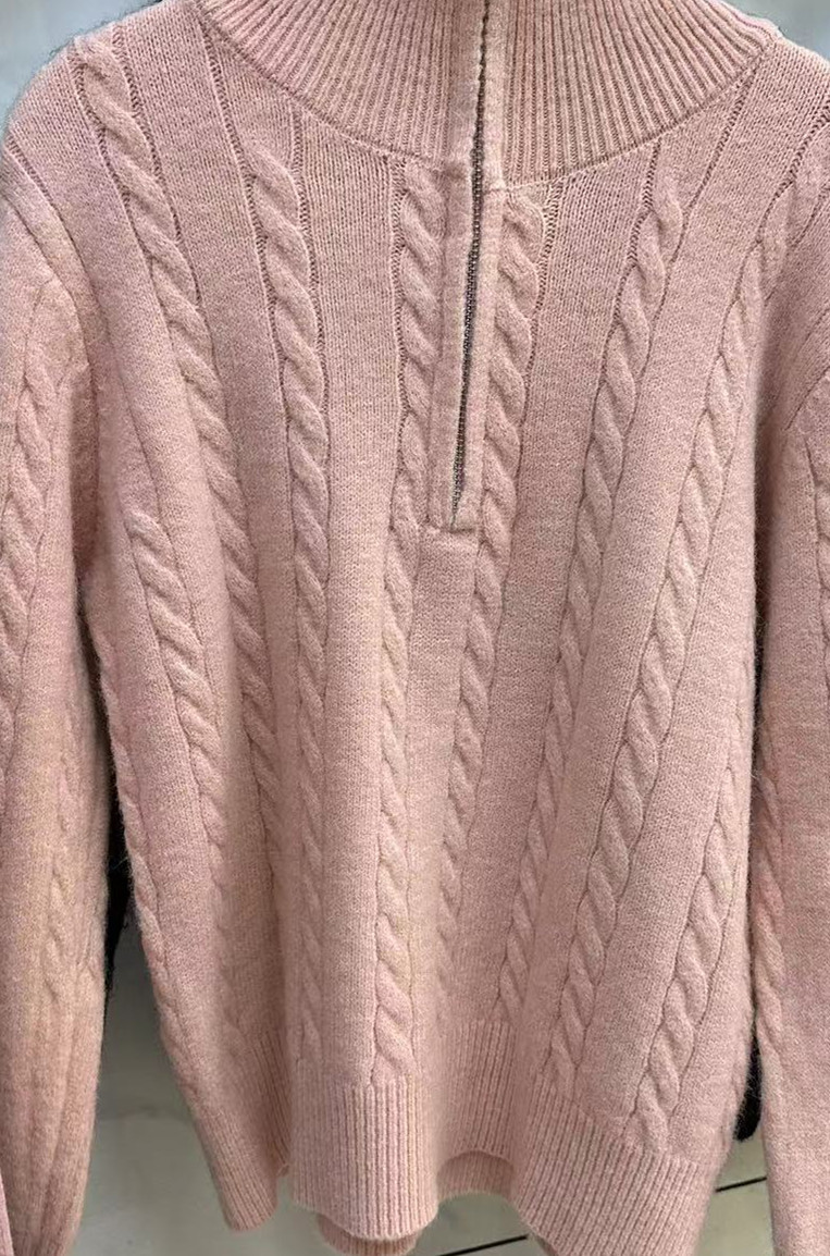 Damen-Zopfmusterpullover mit Reißverschlussdetail | Grobstrickpullover im Retro-Stil für Herbst und Winter | Locker sitzendes, hochgeschlossenes Langarmoberteil_voghion.com