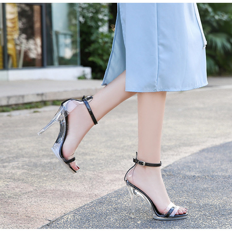 Dép sandal nữ cao gót quai ngang trong suốt đính pha lê, gót nhọn 8–11 cm — Màu bạc, Màu trắng, Màu đen chi tiết 21