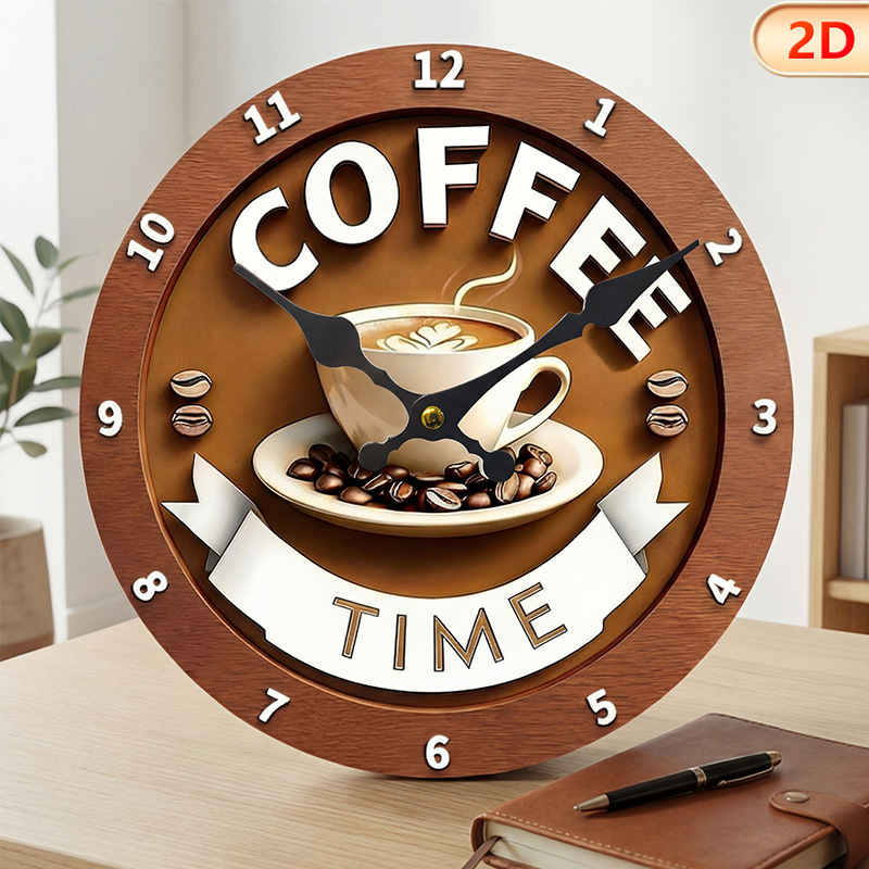 Fashionable and Minimalist 2D Coffee Wooden Wall Clock, Silent Clock for Living Room, Dining Room, Kitchen, Cafe Art Decoration