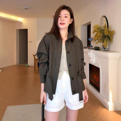 老钱风2025秋季新款系带收腰设计亚麻多口袋工装风夹克外套女