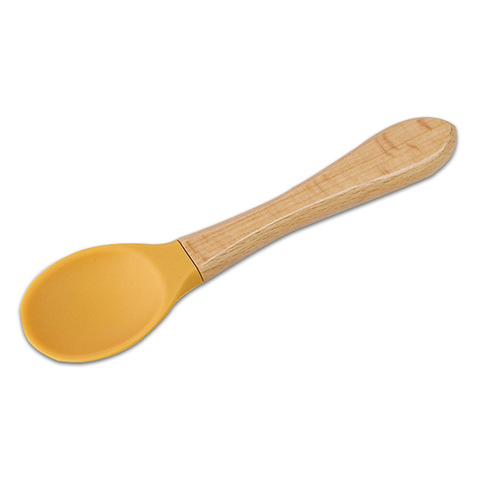 Silicone Wood Handle Single Spoon Silicone Baby Spoon Food Feeding Utensil Anti-Slip Food Grade Silicone Wood Handle Spoon