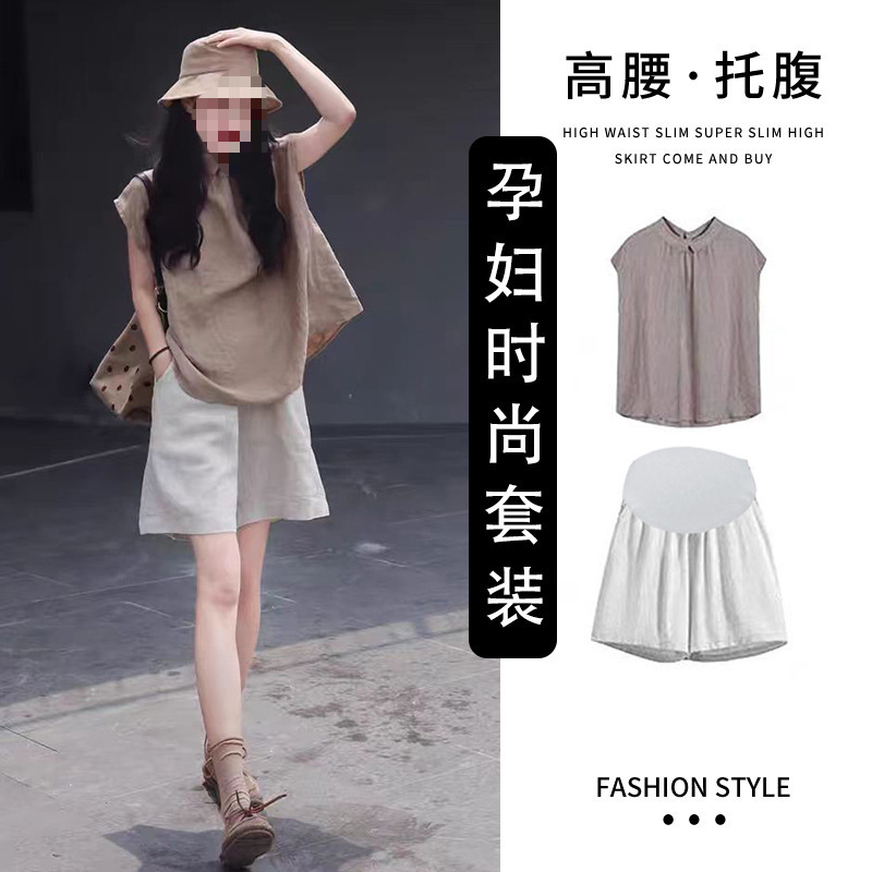 in stock pregnant women summer salt line light ripe wear a set of milk line age-reducing slimming cotton and linen shirt shorts suit women