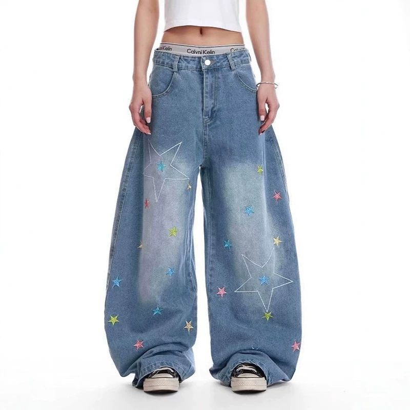 Star Embroidery Curved Hem Jeans for Women, Petite Casual Wide-Leg Pants, Loose Curved Hem Wide-Leg Pants for Women Star Embroidery Curved Hem Jeans for Women, Petite Casual Wide-Leg Pants, Loose Curved Hem Wide-Leg Pants for Women