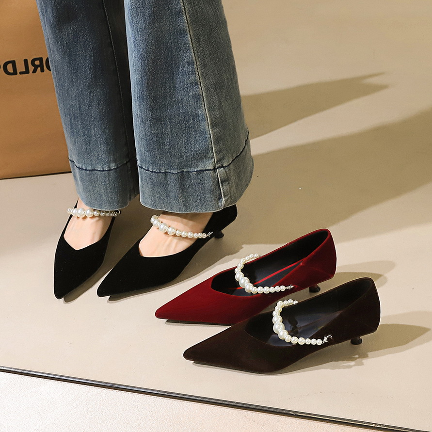 2355-K216 French-style Pointed Mary Jane Shoes For Women With Thin Heels, Single Strap, Pearls, Versatile Suede, Elegant_vogvips.com