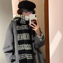 费尔岛风黑白双色提花围巾针织披肩围脖保暖秋冬新款厚旅游拍照女