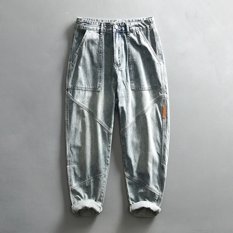 G7125 herren retro gewaschen denim freizeithose, ein stück für haar ersatz_voghion.com