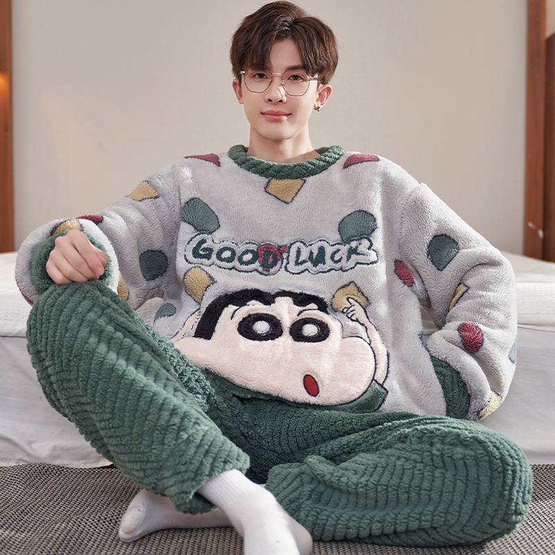 Pajamas for Men in Autumn and Winter Coral Velvet Thickeneded Fleece-Lined Youth Men's Flannel High School Students Home Wear Set