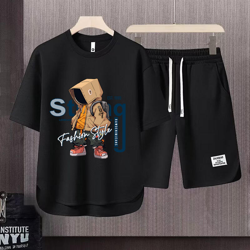Men's Clothing 2024 Waffle Casual Summer Suit Men's Loose Teen Short sleeved T shirt Shorts Handsome Two piece Suit_mkmklike.com