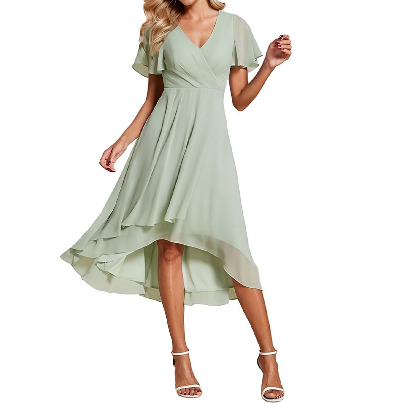 Summer New Amazon Women's V Neck Short Sleeve Chiffon Dress Wedding Guest Party Bridesmaid Dress Skirt