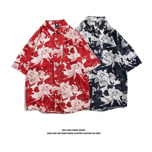 Hawaiian floral shirt men's short sleeve Thailand Hong Kong style Baroque cool crew neck shirt beach seaside vacation chiffon jacket