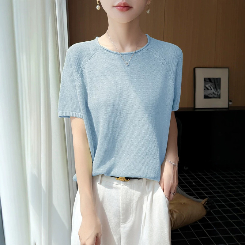Cross-Border Wholesale of High-End Ready-To-Wear Seamless Round-Neck Short-Sleeve Women's Summer Thin Knit Tops with Pullover Sleeves in Large Sizes Cross-Border Wholesale of High-End Ready-To-Wear Seamless Round-Neck Short-Sleeve Women's Summer Thin Knit Tops with Pullover Sleeves in Large Sizes