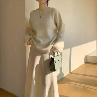 韩系温柔风针织套装裙女秋冬新款气质优雅圆领上衣+半身裙两件套