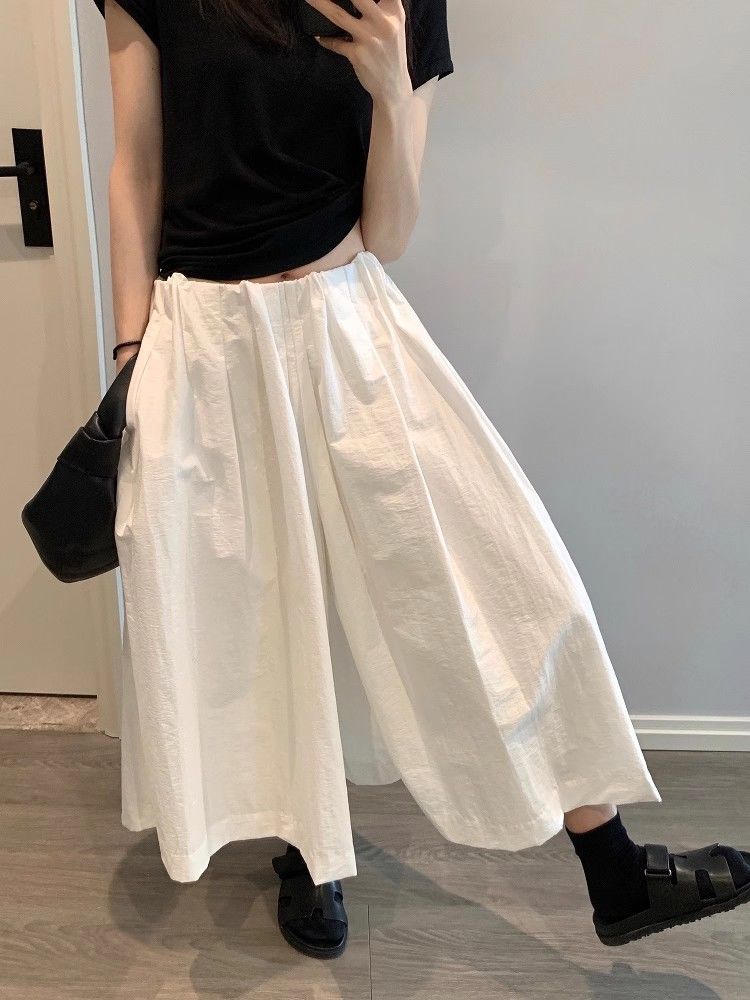 设计感抽绳高腰半身裙女夏秋大码胖白色百褶字七分裙裤