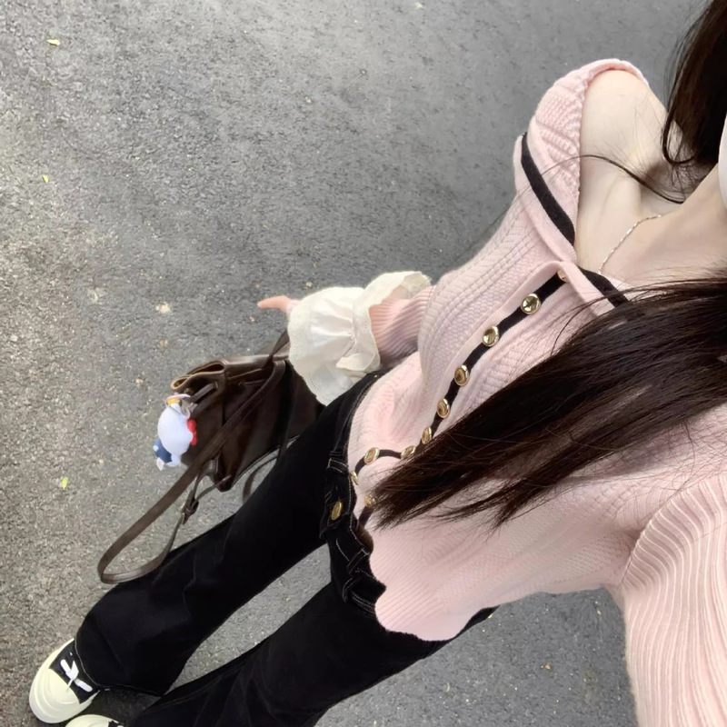 Navy Collar Pink Off-shoulder Sweater Cardigan Women's Autumn and Winter New Sweet Age-reducing Knitted Short Top Coat