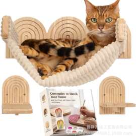 跨境新品木质猫咪吊床猫爬梯剑麻绳猫抓柱吊床阳台壁挂式猫窝猫架