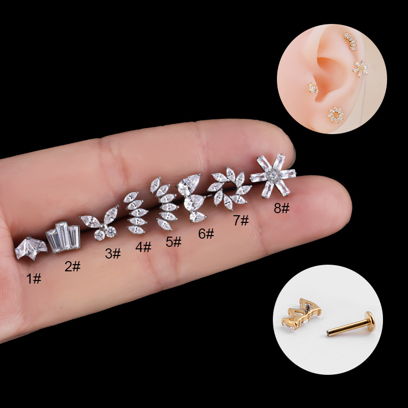 2PCS G23 internal teeth lip rod ear bone nail F136 titanium inlaid zircon fashion crown butterfly wreath_voghion.com