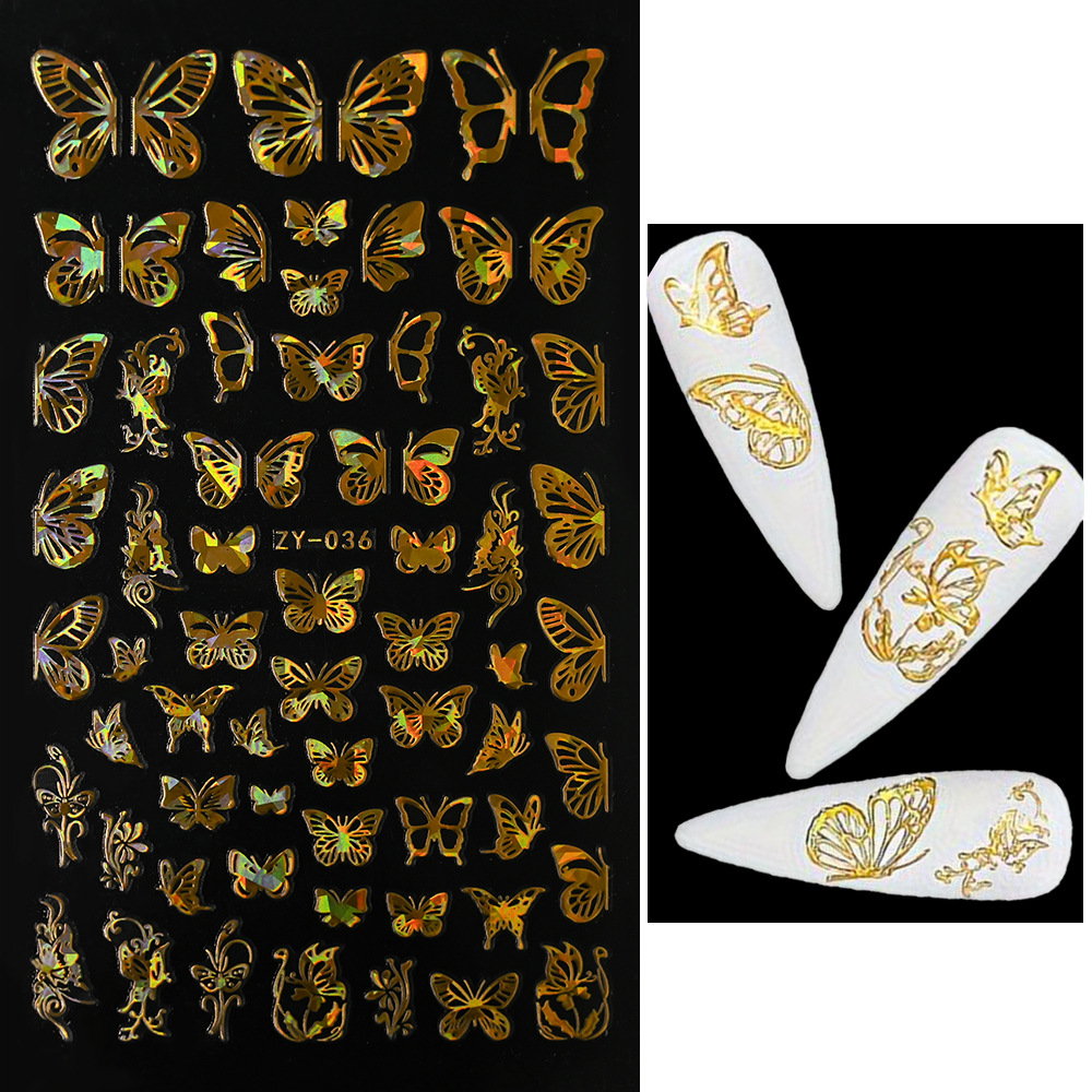 Venta caliente transfronteriza de uñas pegatinas de mariposa delgada dorada láser oro y plata mariposa adhesivo autoadhesivo decoración de uñas calcomanías
