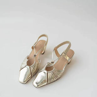 Ready stock ~ Baotou back empty sandals women's flat shoes new style genuine leather Baotou thin strap gold Baotou sandals for women