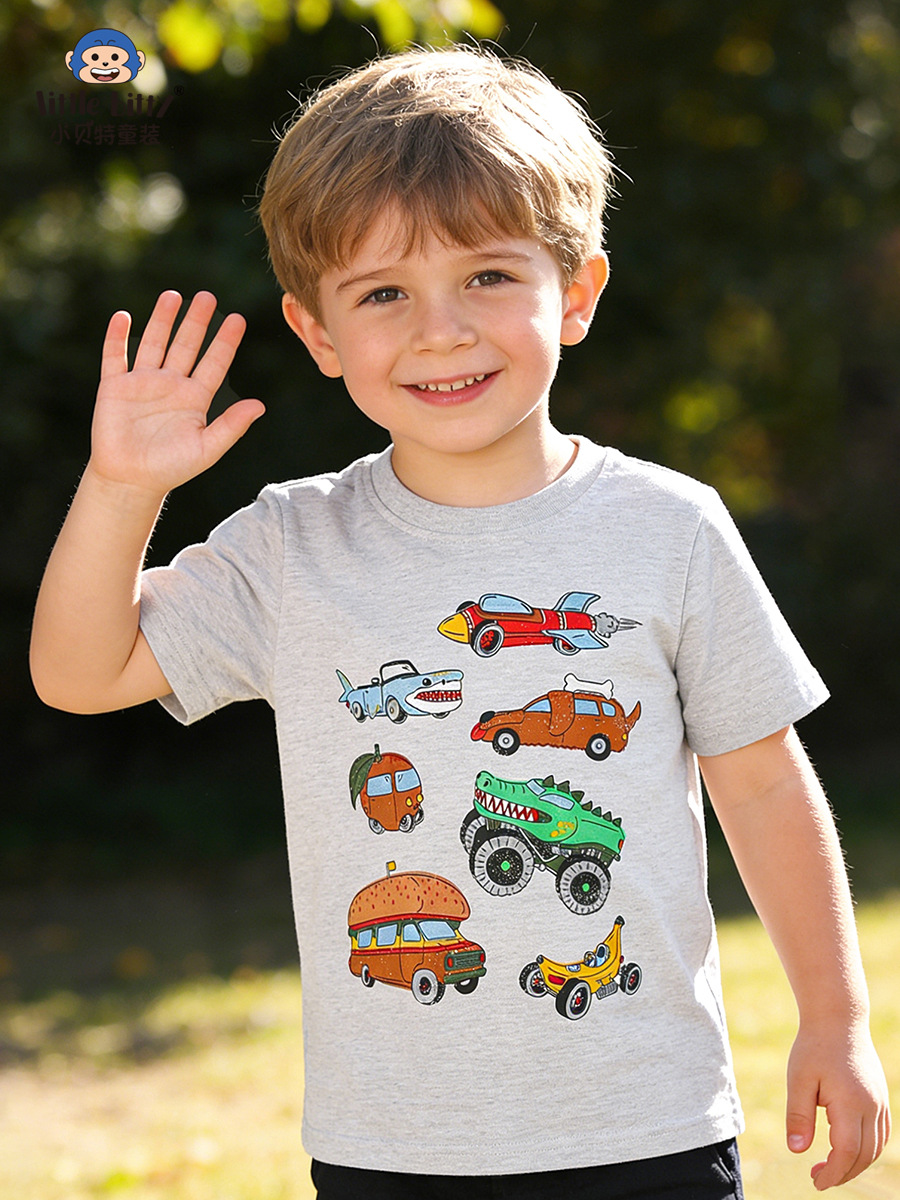 Cross-Border Supply 26 Years of Experience in Spring and Summer Children's Short-Sleeve T-Shirts with Cartoon Animals and Cars, Round Neck Printed Boys' Tops in Stock