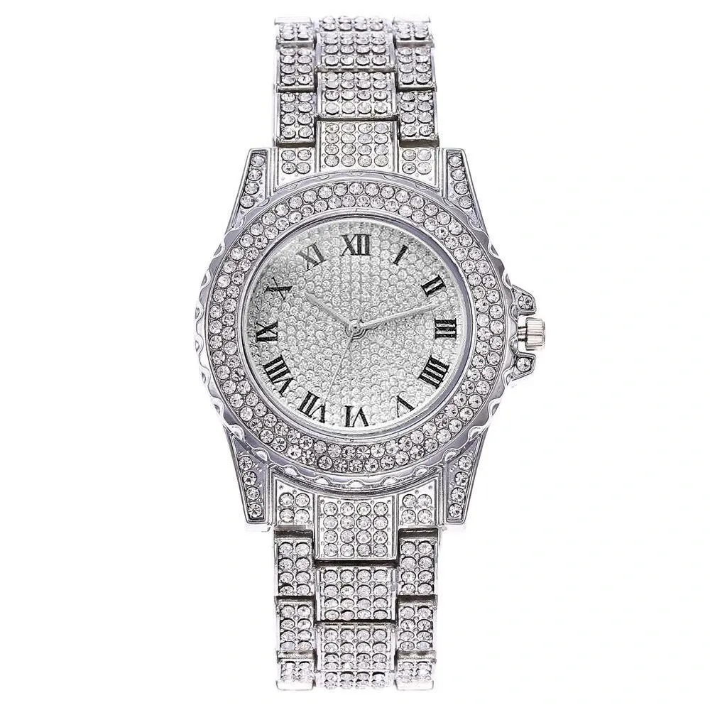 Reloj de cuarzo de negocios en línea celebridad empuje principal diamante rhinestone moda gran dial rhinestone romano literal correa de acero reloj chica
