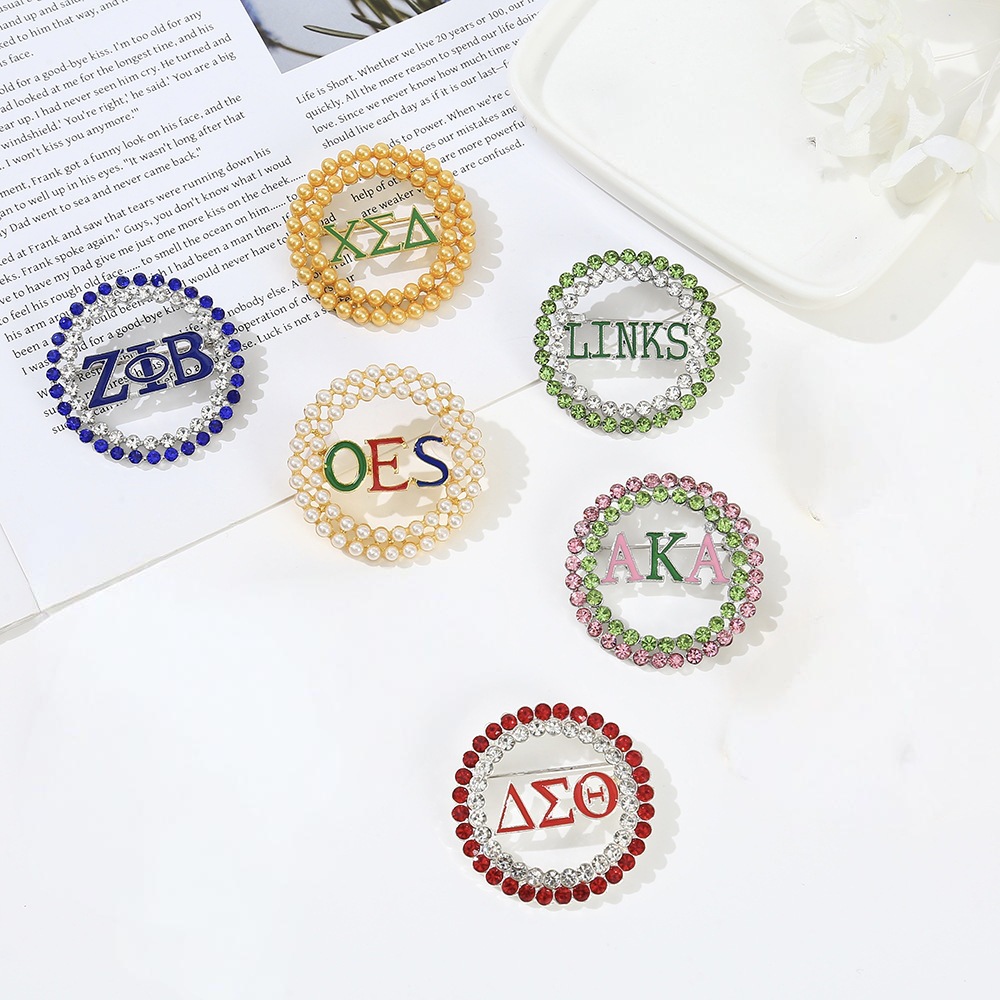 European And American Foreign Trade Popular Round Hollow Alloy OES Greek Sorority Letter Anti-Exposure Brooch Pin_voghion.com