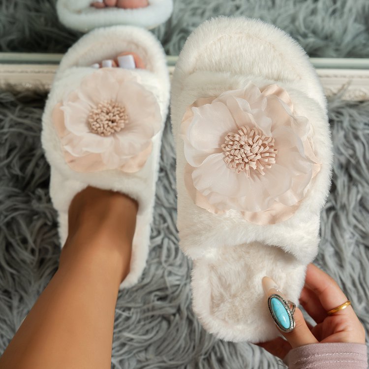 跨境亚马逊外贸中东时尚女大码S水钻花朵开口露趾魔术贴毛毛居家室内外拖鞋