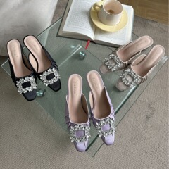 600-2~包頭半拖鞋女外穿2024年新款粗跟法式水鑽方扣懶人穆勒鞋