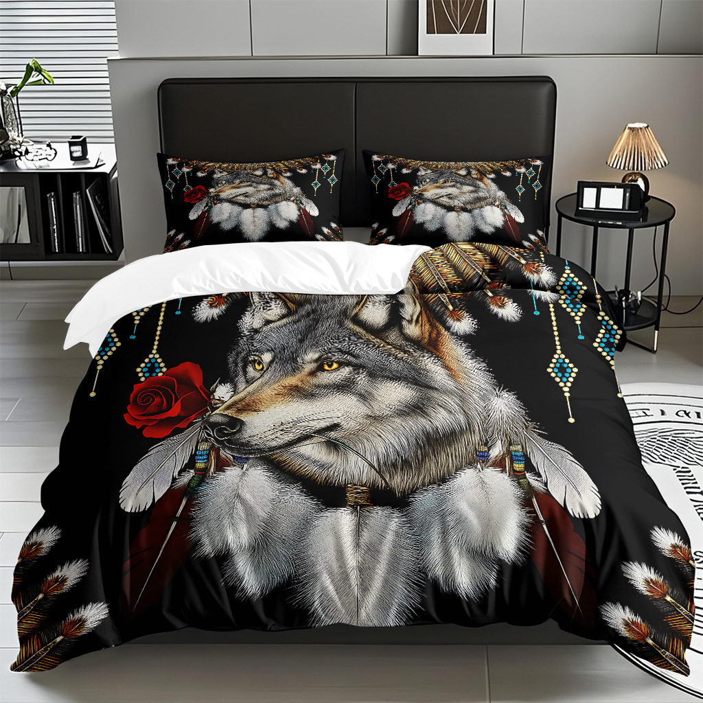 TEMU / JIT adaptado al patrón de lobo impresión digital set edredón molido textil transpirable para dibujar puede hacer