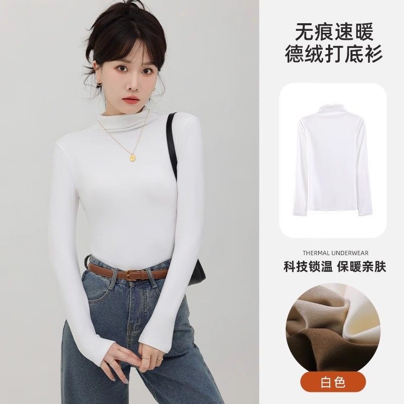 Pesado con camisa de terciopelo de doble cara multicolor de terciopelo caliente camiseta de fondo de cuello medio alto camiseta de manga larga de moda femenina image 4